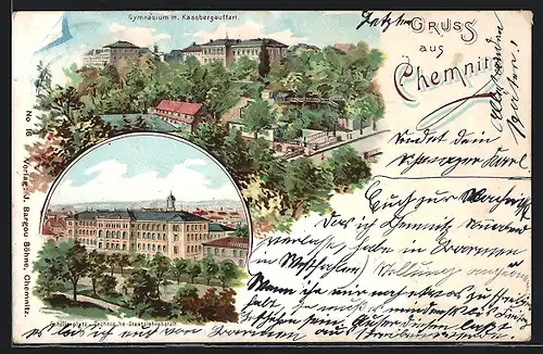 Lithographie Chemnitz, Gymnasium mit Kassbergauffahrt, Schillerplatz und Technische Staatslehranstalt