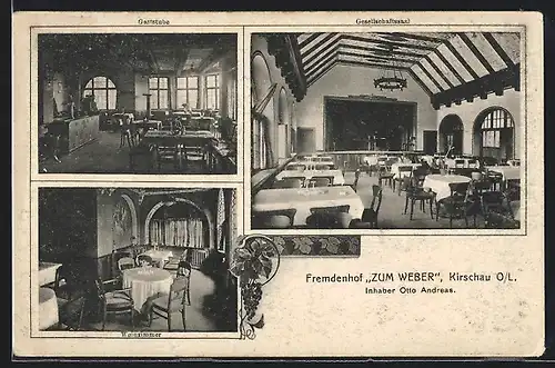AK Kirschau /O.-L., Hotel Zum Weber, Innenansichten Gaststube, Gesellschaftssaal und Weinzimmer