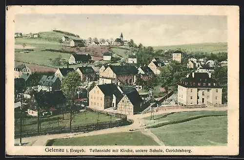 AK Gelenau i. Erzgeb., Teilansicht mit Kirche, unterer Schule und Gerichtsberg