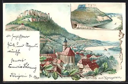 Lithographie Königstein, Lilienstein, Festung