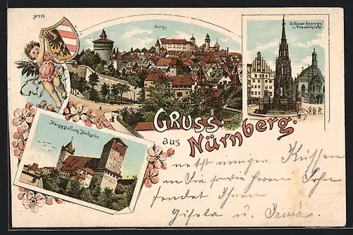 Lithographie Nürnberg, Burg, Kaiserstallung Nordseite, Schöner Brunnen und Frauenkirche