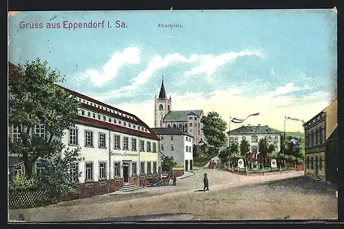 AK Eppendorf i. Sa., Albertplatz mit Gasthof zu Eppendorf
