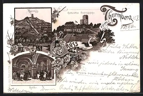 Lithographie Durlach, Restaurant Friedrichshöhe, Inneres Keller, Turmberg