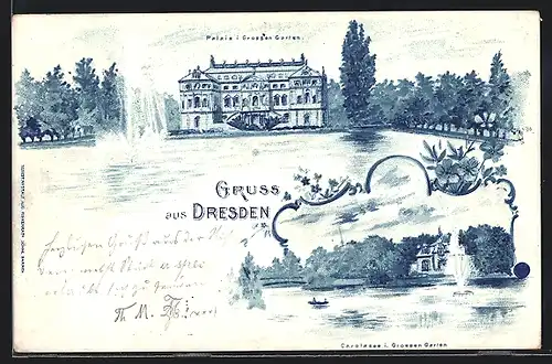 Lithographie Dresden, Palais und Carolastrasse im Grossen Garten