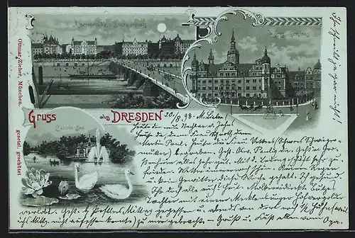 Mondschein-Lithographie Dresden, Albertbrücke und Sachsenplatz, Königliches Schloss, Carola-See