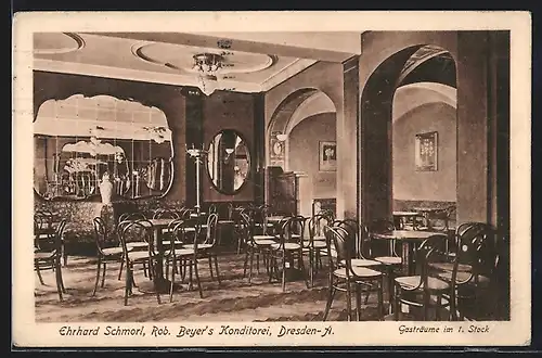 AK Dresden-A., Gasträume v. Ehrhard Schmorl, Rob. Beyer`s Konditorei, Wilsdruffer Strasse 20
