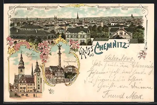 Lithographie Chemnitz / Sachsen, Das alte Rathaus, Siegesdenkmal, Gesamtansicht