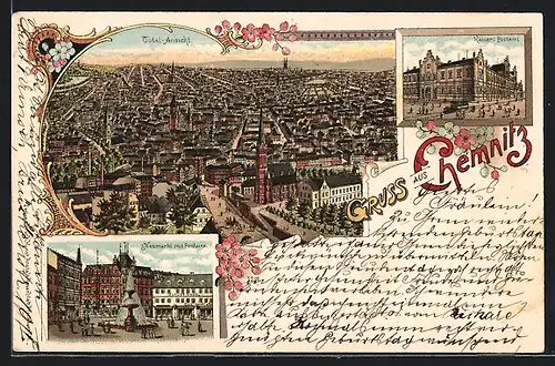 Lithographie Chemnitz, Neumarkt mit Fontaine, Kaiserliches Postamt, Totalansicht