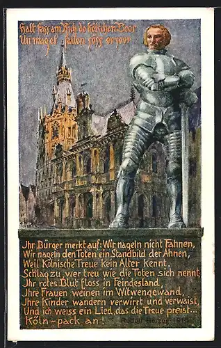 AK Köln, Der Kölschen Boor in Eisen, Ritter mit Schwert vor Kirche, Kriegshilfe