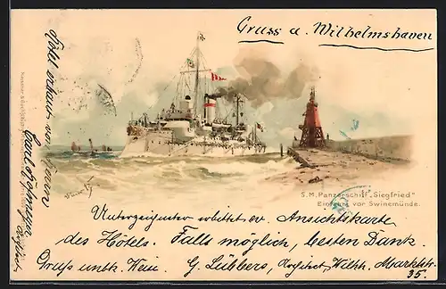 Künstler-AK Hans Bohrdt: Swinemünde, S. M. Kriegsschiff Siegfried an der Einfahrt