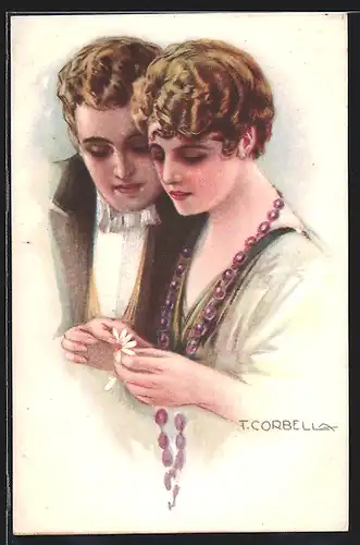 Künstler-AK Tito Corbella: Liebespaar zupft Blütenblätter aus