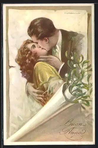 Künstler-AK Tito Corbella: Liebespaar küsst sich, Neujahrsgruss