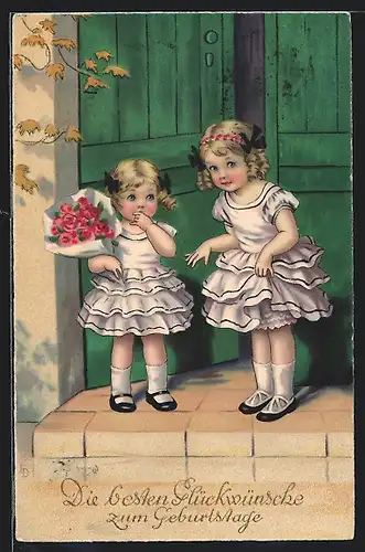 Künstler-AK Lia Döring: zwei bildschöne Mädchen mit Rosenstrauss vor der Tür stehend