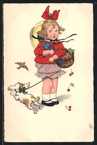 Künstler-AK Lia Döring: Mädchen mit Korb und Hund