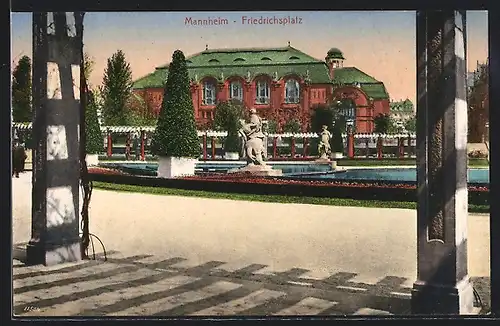 AK Mannheim, Gartenlage Friedrichsplatz mit Statuen