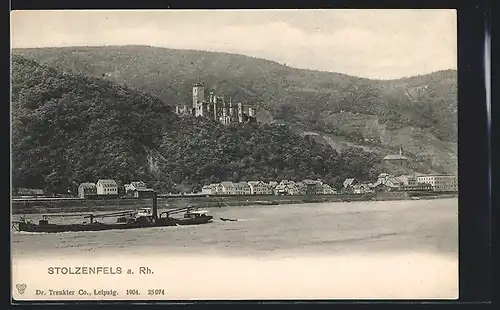 AK Stolzenfels a. Rh., Flusspartie mit Berg, Burg und Boot