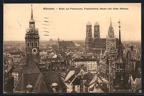 AK München, Blick auf Petersturm, Frauenkirche und Neues Altes Rathaus