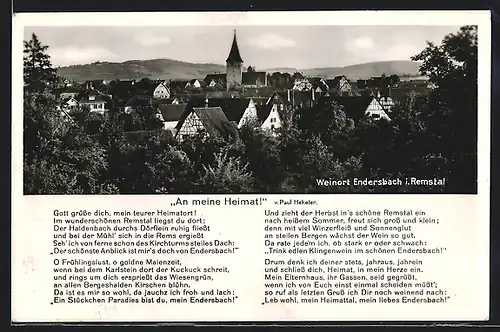AK Endersbach i. Remstal, Ortsansicht mit Kirche, Gedicht An meine Heimat! v. Paul Hekeler
