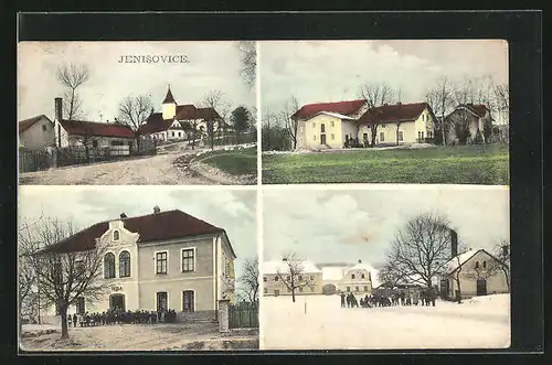 AK Jenisovice, Skola, Kinder vor der Schule, Strassenpartie im Winter