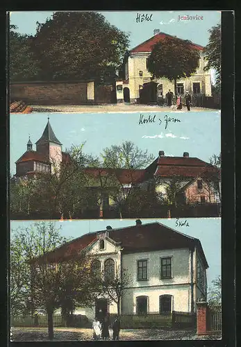 AK Jensovice, Hotel, Kostel, Skola, Hotel, Schule, Kirche
