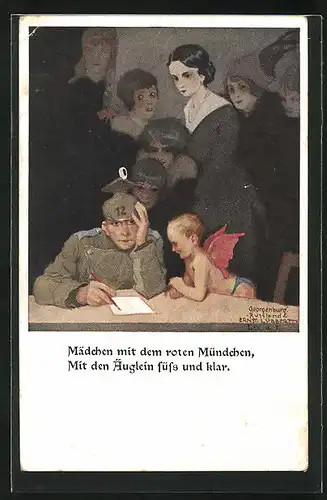 Künstler-AK sign. Ernst Lübbert: Mädchen mit dem roten Mündchen..., Soldatenliebe, Amor