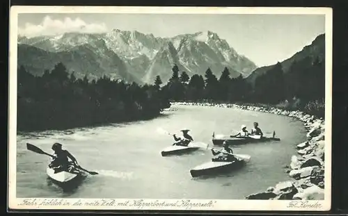 AK Fahr` fröhlich in die weite Welt, mit Klepperboot und Klepperzelt, Wassersportler in den Bergen