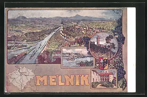 Künstler-AK Melnik, Panoramablick auf die Ortschaft, Landkarte
