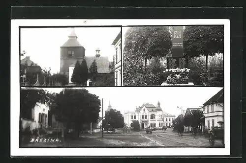 AK Brezina, Strassenpartie im Ortskern, Kirche, Kriegerdenkmal