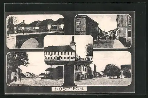 AK Kostelec n. L., Ortsansichten mit Brücke, Strassenmotiv und Hostinec