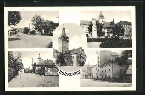 AK Dobrovice, Kirche, Strassenpartie mit Gebäudeansicht, Denkmal