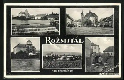 AK Rozmital, Gesamtansicht, kleine Brücke, Kirche, Flusspartie