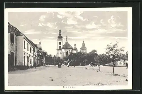 AK Smecno, Ortspartie mit Kirche