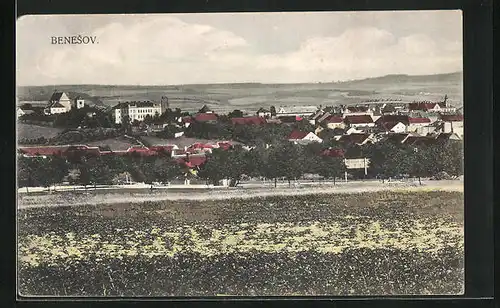 AK Beneschau / Benesov, Blick von der Feldwiese zum Ort