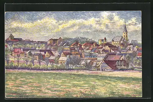 Künstler-AK Zásmuky, Ortsansicht mit Schloss und Kirche