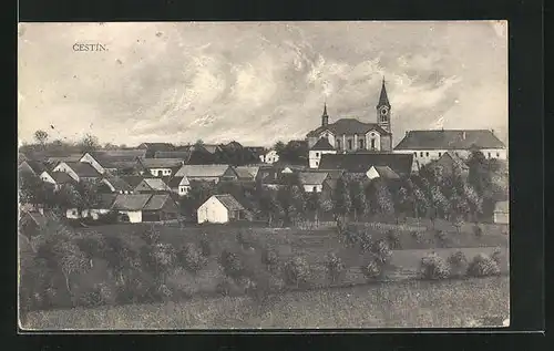 AK Cestin, Teilansicht mit Kirche