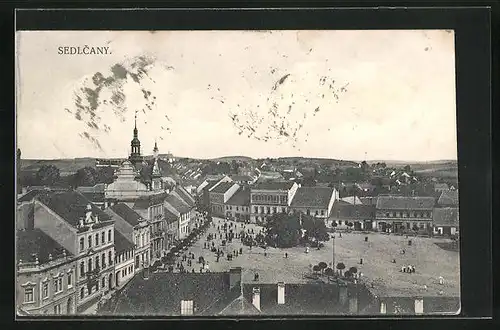 AK Sedlcany, Marktplatz aus der Vogelschau