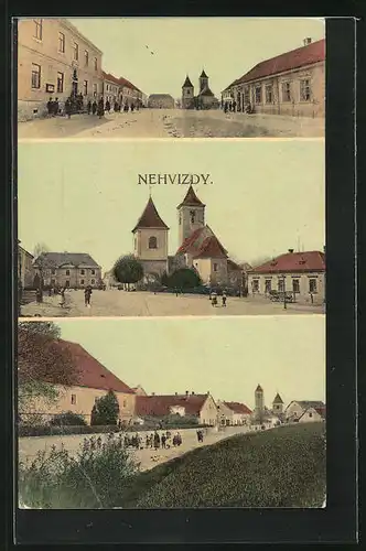 AK Nehvizdy, Marktplatz mit Kirche, Strassenansicht