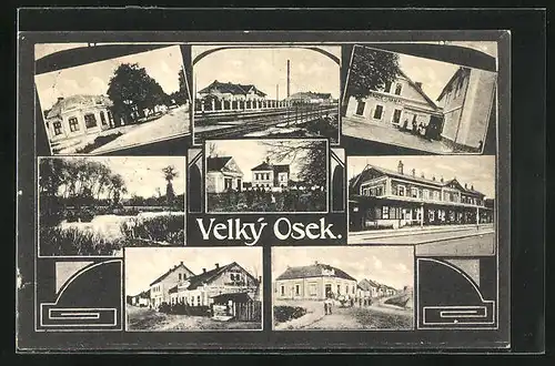 AK Velký Osek, Gasthaus J. Hampl, Bahnhof