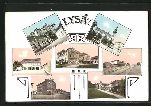 AK Lissa / Lysa, Kirche, Bahnhof, Gebäudeansicht