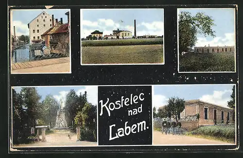 AK Kostelec nad Labem, Brücke, Denkmal, Ortspartie