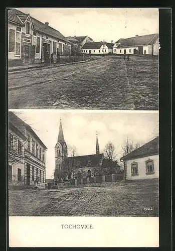 AK Tochovice, Strassenblick und Kirche