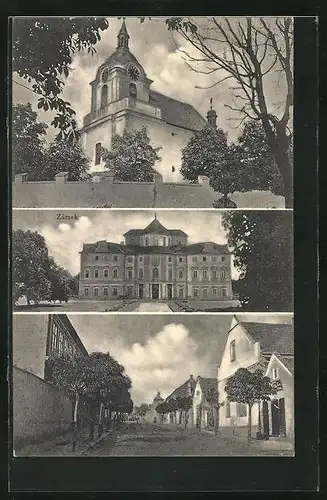 AK Liblice, Ortsansicht mit Kirche & Strassenblick