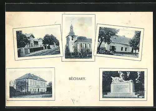 AK Bechary, Denkmal, Kirche, Strassenpartie, Gebäudeansicht