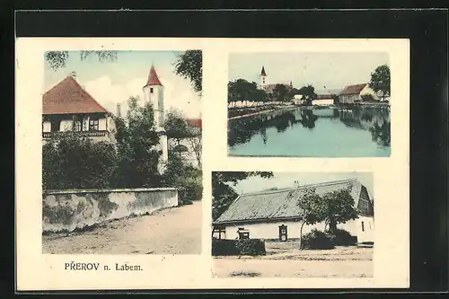 AK Prerov n. Labem, Ortsansicht mit Kirche, Villa und Gebäudeansicht