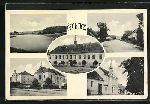 AK Cechtice, Rathaus, Kirche, Blick auf den See, Strassenpartie