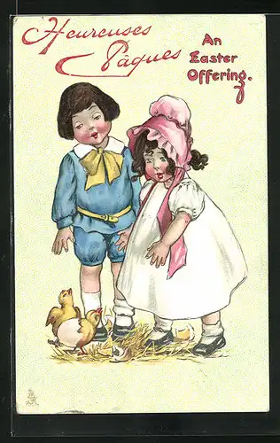 Präge-AK Kinderpaar mit Osterküken, Ostergruss