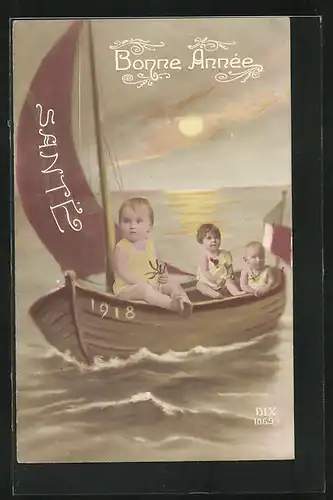 AK Drei Babys fahren bei Sonnenuntergang Boot, Jahreszahl 1918, Neujahrsgruss