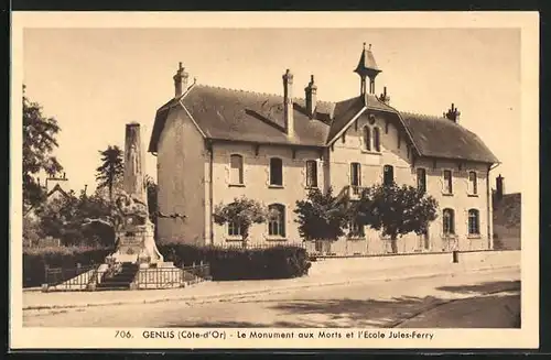 AK Genlis, Le Monument aux Morts et l`Ecole Jules-Ferry