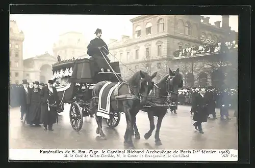 AK Funerailles de S. Em. Mgr. le Cardinal Richard Archeveque de Paris 1908, M. le Cure de Saint-Clotilde, le Corbillard