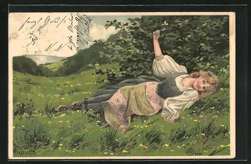 Künstler-AK Alfred Mailick: niedliches Bauernmädchen liegt auf einer Blumenwiese